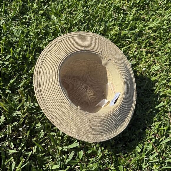 Studded Tan Straw Hat Rhinestone Detailing White Trim - BRAND NEW main image 2